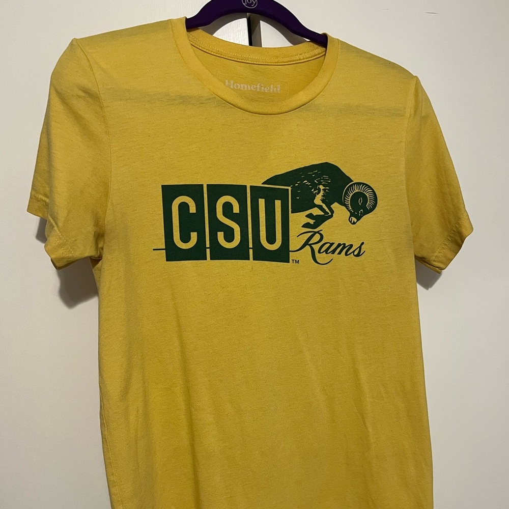 Yellow Colorado State t-shirt. Green Ram!